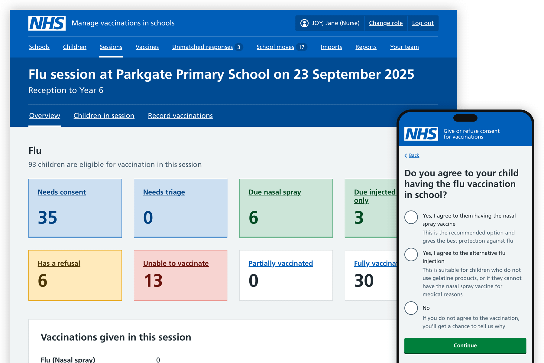 "Screenshot of Mavis for immunisation teams (showing a session overview page) and screenshot of a page in the consent journey for parents shown within a mobile phone shaped frame."